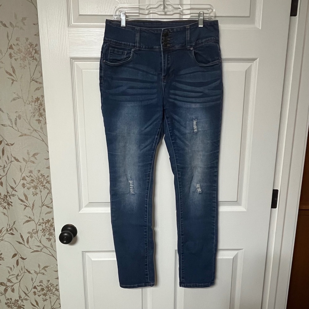 Bamboo Jeans Women's Blue Distressed High Rise Skinny‎ Jeans Size 15